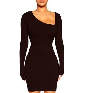 NAKED WARDROBE Ribbed Asymmetric Bodycon Long Sleeve Mini Dress Black NWT